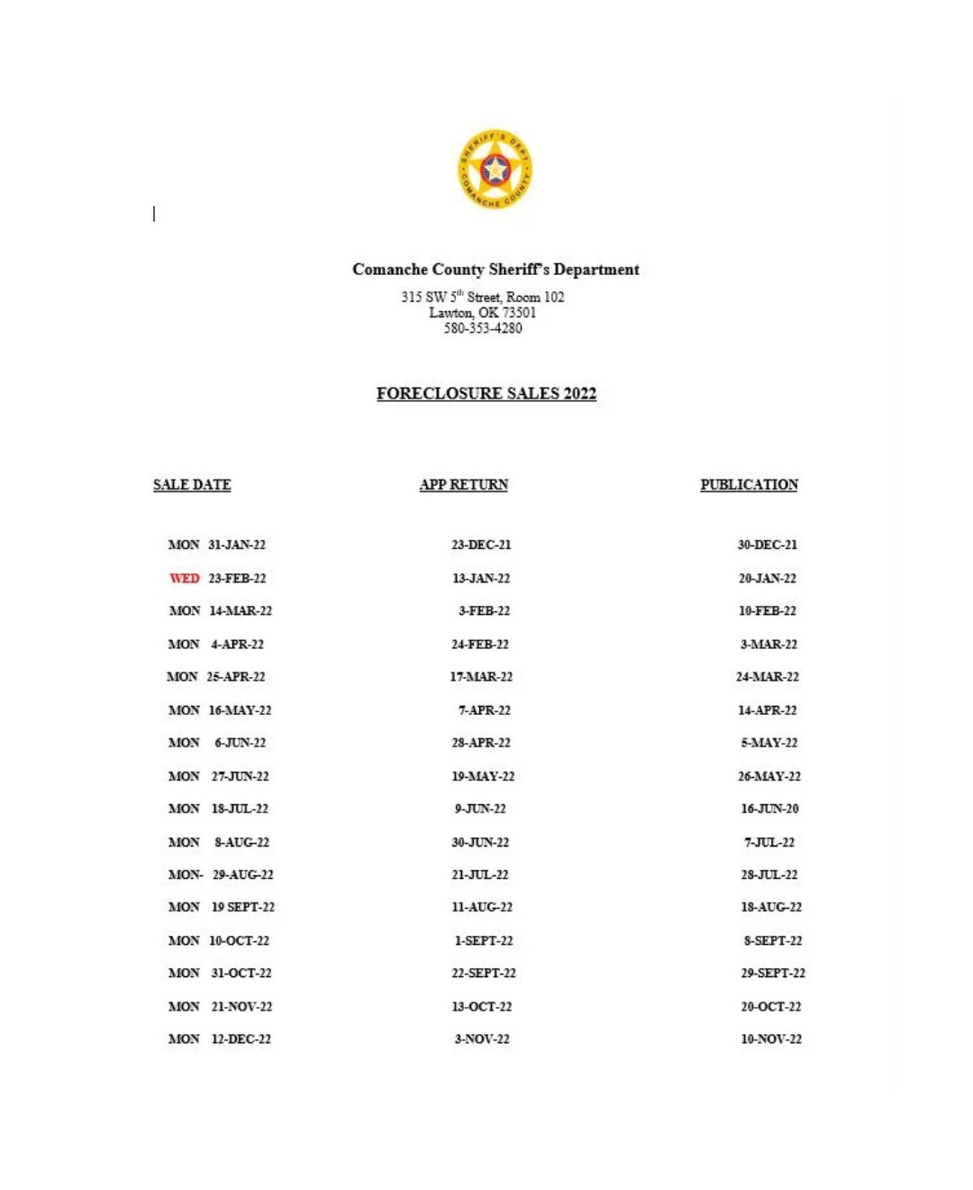 Sheriff Sales Comanche County Oklahoma Sheriff's Department